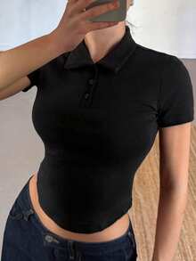 DAZY Women's Black Polo Shirt Basic Tee, Elegant For Music Festival, Valentine's Day, Wedding, Casual, Commute, Spring/Summer - Black - View 10