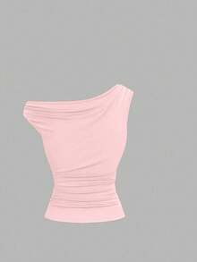 Elenzga Kaos Pas Badan dengan Kerah Asimetris Ukuran Besar, Atasan Kasual Serbaguna, Musim Semi/Panas - Berwarna merah muda - View 4