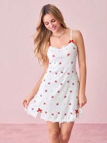 Bonmuse 女士睡衣罗纹针织蝴蝶印花撞色蕾丝饰边蝴蝶结可爱甜美性感吊带裙 - 紅色 - 查看 3