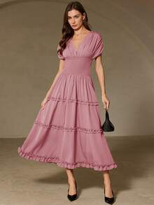 Aveloria Rosie Vestido morado con textura, mangas cortas de hombros caídos, cintura fruncida, falda acampanada con volantes en el bajo, elegante y romántico, versátil para vacaciones para mujeres - Rosa - Ver 3