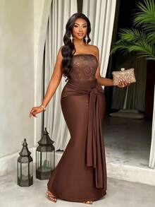 Brilight Robe d'été et de printemps pour femmes, avec sangle à l'avant et au milieu des hanches, coupe sirène - Une robe de femme sexy, élégante et simple. Elle convient pour porter lors de fêtes, de rassemblements et de jours de vacances. - Marron - Voir 1