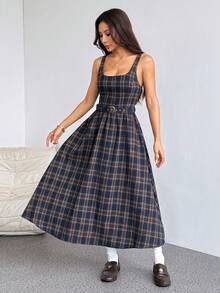 SHEIN PETITE 女士格子吊带连衣裙，教师装，休闲连衣裙，秋季连衣裙，7月4日女士服装，长裙 - 彩色 - 查看 11