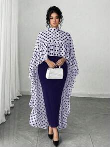 Elenzga Plus Size Chiffon Floral Print Ruffle Trim Cape Top + Knit Slip Dress Elegant 2-Piece Set For Party - Navy Blue - View 6
