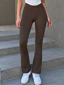 DAZY Versatile Solid Color Flare Leggings - Coffee Brown - View 3