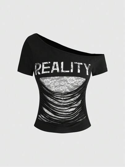 ROMWE Avant Áo thun nữ dáng ngắn phong cách retro avant-garde cá tính Y2K 2 trong 1 phối ren và in chữ