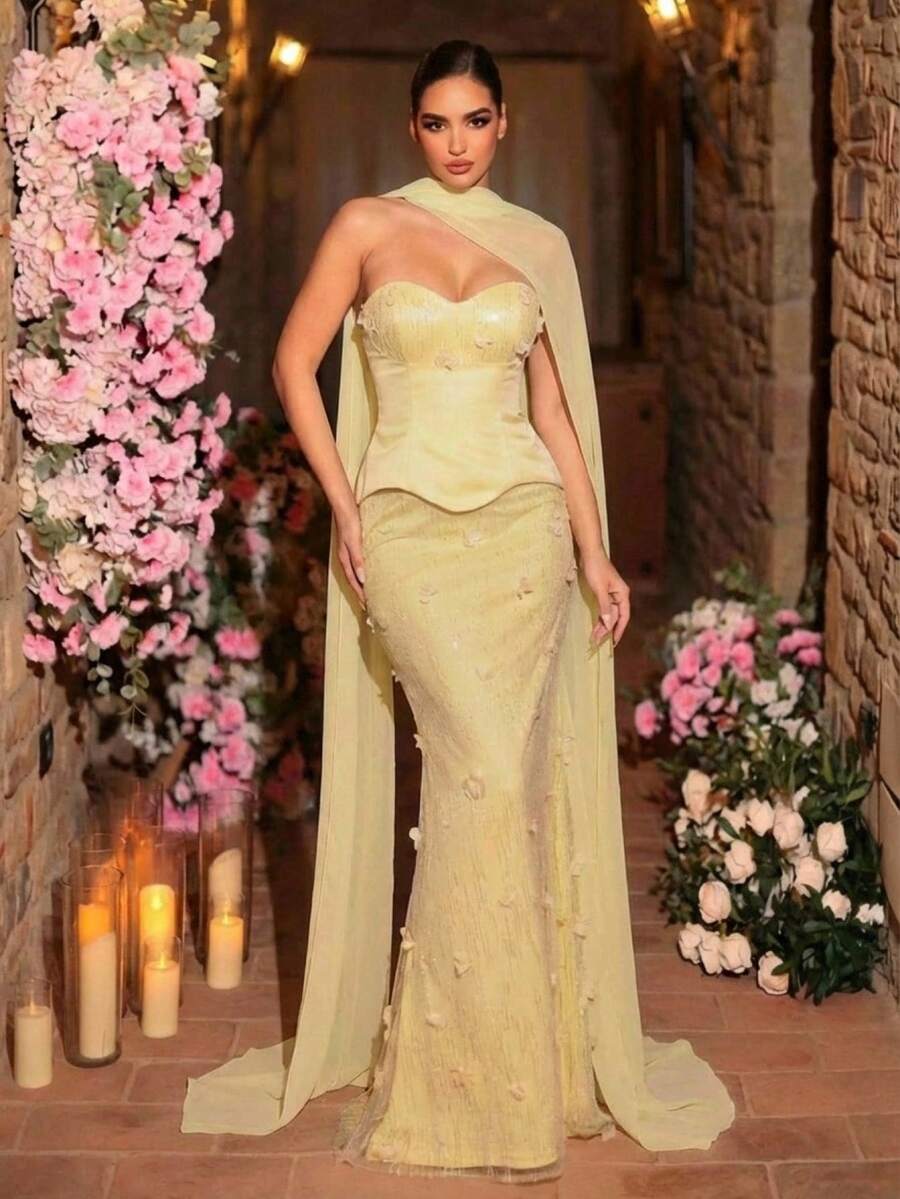 Glamrae 优雅奢华的串珠刺绣缎面露肩连衣裙，饰有3D立体波浪花边下摆和喇叭裙摆，适合晚宴、商务活动、私人派对、生日、节日、婚礼和其他正式场合。