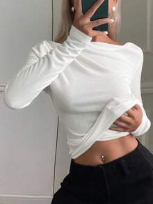 DAZY Women's Elegant City Casual Slim Fit Off Shoulder Long Sleeve T-Shirt - White - View 4