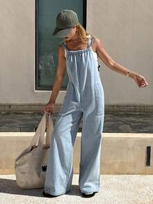 DAZY Quần yếm và áo liền quần denim buộc dây kiểu dáng nghỉ dưỡng dành cho nữ. - Rửa nhẹ - Xem 6
