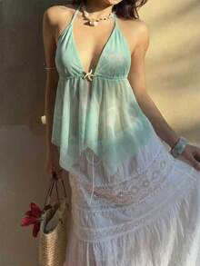 Sunnyshic Vacation Beach Tie-Dye Backless Halter Top - Mint Green - View 4