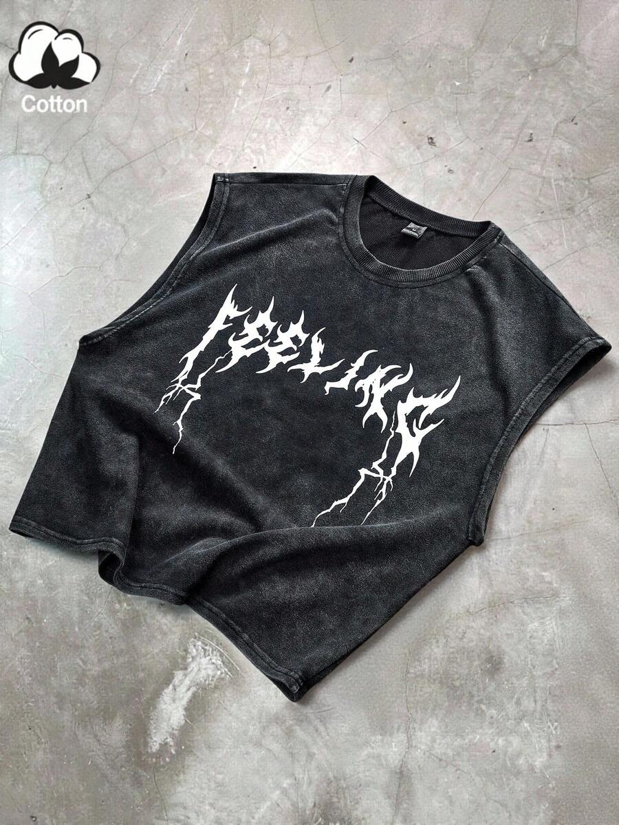 Manfinity Roghcode Camiseta de tirantes de estilo gótico callejero con patrón oscuro y tela lavada, adecuada para festivales de música al aire libre, uso diario, reuniones con amigos, regalo para novio/esposo, regalo de aniversario - Negro - Ver 1