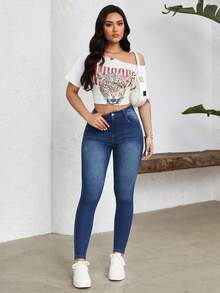 SHEIN ICON Women's Casual Everyday Pockets Button Jeans Summer - Dark Wash - View 6