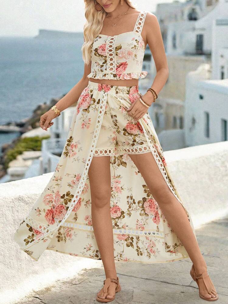 Breezaya Vacation Style Sexy Ruffle Hollow Out Camisole & A-Line Skirt 2-Piece Set For Women, Summer (Printed Asymmetrical ) Boho Summer 2 Piece Sets Woman Two Piece Set Summer Two Piece Sets Floral Two Piece Set Boho Two Piece Set - Apricot - View 8