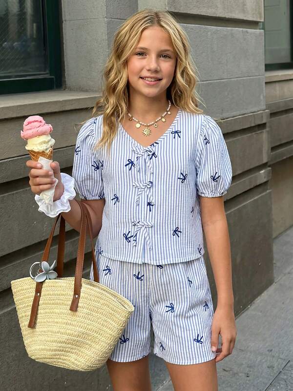 Girls Casual Vacation Striped Bow Loose Petal Sleeve Shirt Set, Summer Tops, Soft & Comfortable Loose Fit, Versatile For Vacation, Travel, Campus, Daily Wear