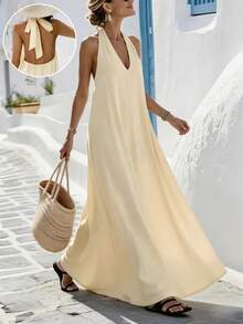 Breezaya 2026 Summer Women's Elegant Backless Deep V-Neck Tie Strap Beach Vacation Dress - Apricot - View 2