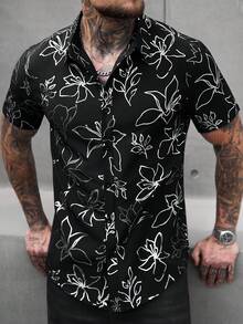 Manfinity Homme 男士休闲装，度假必备：黑色短袖衬衫，简约数码印花，宽松版型，纽扣开合。男女通用，纽扣衬衫，黑白衬衫。男士经典款，适合日常休闲、周末旅行、户外活动、探险旅行、轻松的工作环境或半正式场合，也可作为男友/丈夫礼物、周年纪念/生日礼物、派对、暑假、婚礼、春夏交替、狂欢节等场合穿着。男士黑色印花短袖纽扣衬衫，时尚夏威夷风情上衣，黑白男士衬衫，男士印花纽扣衬衫，男士花衬衫，芙蓉花衬衫，黑白夏威夷衬衫。 - 黑色 - 查看 4