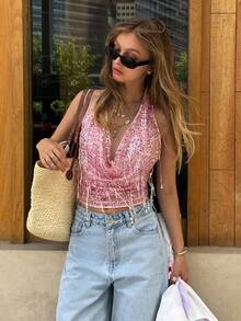 Serisse 女士夏季流苏亮片露背吊带背心，Y2K法式水钻亮片粉色露背流苏背心，性感深V领，适合派对/夜店/度假穿着，夏季女装，夏季上衣，派对上衣，优雅女士衬衫，女士度假装，女士沙滩装，亮片上衣，荷叶边上衣，粉色亮片露背吊带背心 - 粉色 - 查看 6