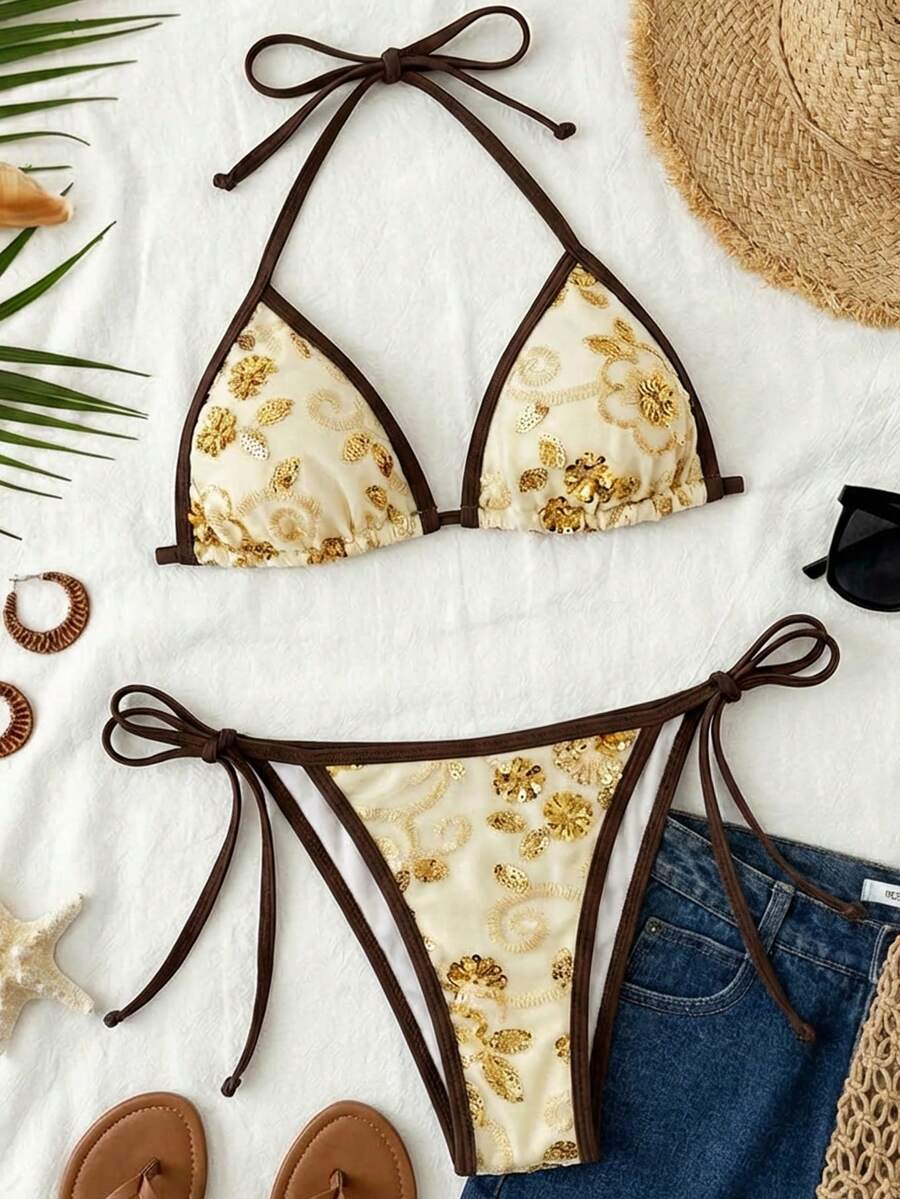 Travachic Women's White Floral Sequin Halter Tie Bikini Swimwear Set,Boho Summer Holiday Beach Vacation Outfits,Elegant Festival Outfits Beach Party - Multicolor - View 1