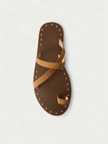 Nöista Studded Flat Sandals With Soft Cross Straps And Open Toe. Perfect For Beach Vacation Outfits - Brown - View 5