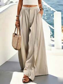 SHEIN Holidaya Quần ống rộng xòe bồng bềnh kiểu dáng thường ngày dành cho nữ, chất liệu giả vải lanh, có cúc và khóa kéo. - Màu be - Xem 1