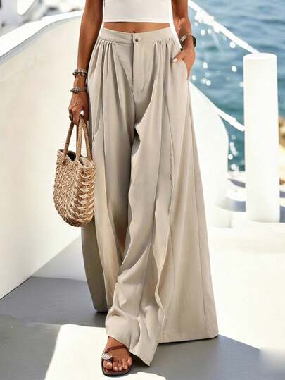 SHEIN Holidaya Pantaloni casual da donna a zampa d'elefante con volant, in tessuto simile al lino, con bottone e zip