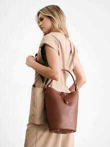 SHECARRY Women's Casual Bucket Shoulder Bag, Suitable For Daily Commute - Brown - View 8
