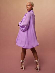 Vixey Đầm chiffon tay phồng và gấu áo cao, cổ giả, thắt nơ. - Màu tím hoa cà - Xem 2