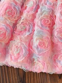 SHEIN 2pcs Baby Girl Pink Summer Cute 2nd Birthday Outfit,3D Rose Flower Tulle Ruffle Flutter Sleeve Button Tops And Skirts Set For Party Easter Birthday - Pink - View 6