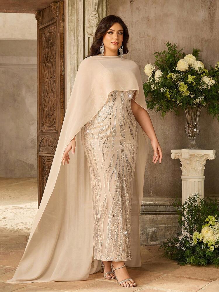 Đầm dạ hội dáng đuôi cá sang trọng, cỡ lớn, màu vàng mơ, thêu sequin, có thể tháo rời khăn choàng, kiểu dáng thanh lịch. - Màu be - Xem 5
