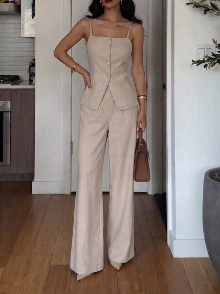 Firerie 女士春夏新款优雅度假套装，杏色亚麻露背上衣，腰部褶皱设计，不对称下摆，高腰长裤，两件套亚麻套装