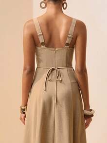 Zivah 2026春夏新款亚麻连衣裙，后背扭结设计，适合音乐节、复活节、圣帕特里克节、情人节、约会、西部风情、游牧风、生日派对、毕业典礼、校园活动、日常穿着、休闲、度假、邮轮旅行、海滩、日光浴、潮流服饰、街头风、婚礼宾客、通勤、早午餐、机场、派对、假日郊游、办公穿着等场合。 - 杏色 - 查看 2