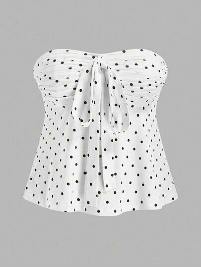 Sweetra Top bandeau con lazo y lunares en talla grande con estilo retro romántico