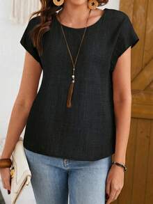 EMERY ROSE Áo kiểu nữ màu trơn cổ tròn tay ngắn dáng rộng chất liệu giả vải lanh, thích hợp cho mùa xuân/hè. - màu đen - Xem 3