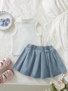 Vintaside Kids Baby Girls' Short Sleeve Sleeveless Set, Ivory Top + Light Blue Denim Skirt. The Top Is A Sleeveless, Stretchy Polo Collar Knit Design With A Pink Bow Embroidery On The Chest. The Skirt Is A Light Wash Denim Short Skirt With White Embroidered Bow Details. The Overall Style Is Sweet, Cute And Collegiate, Suitable For Summer Wear, Daily Outings, Preschool, Parties And Family Leisure Occasions. - White - View 3