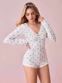 Bonmuse Women's Long Sleeve Floral Print Contrast Lace Trim Fitted Jumpsuit Pajamas - White - View 7