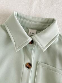 SHEIN 男婴休闲百搭翻领前襟纽扣胸袋长袖上衣 - 薄荷綠 - 查看 4