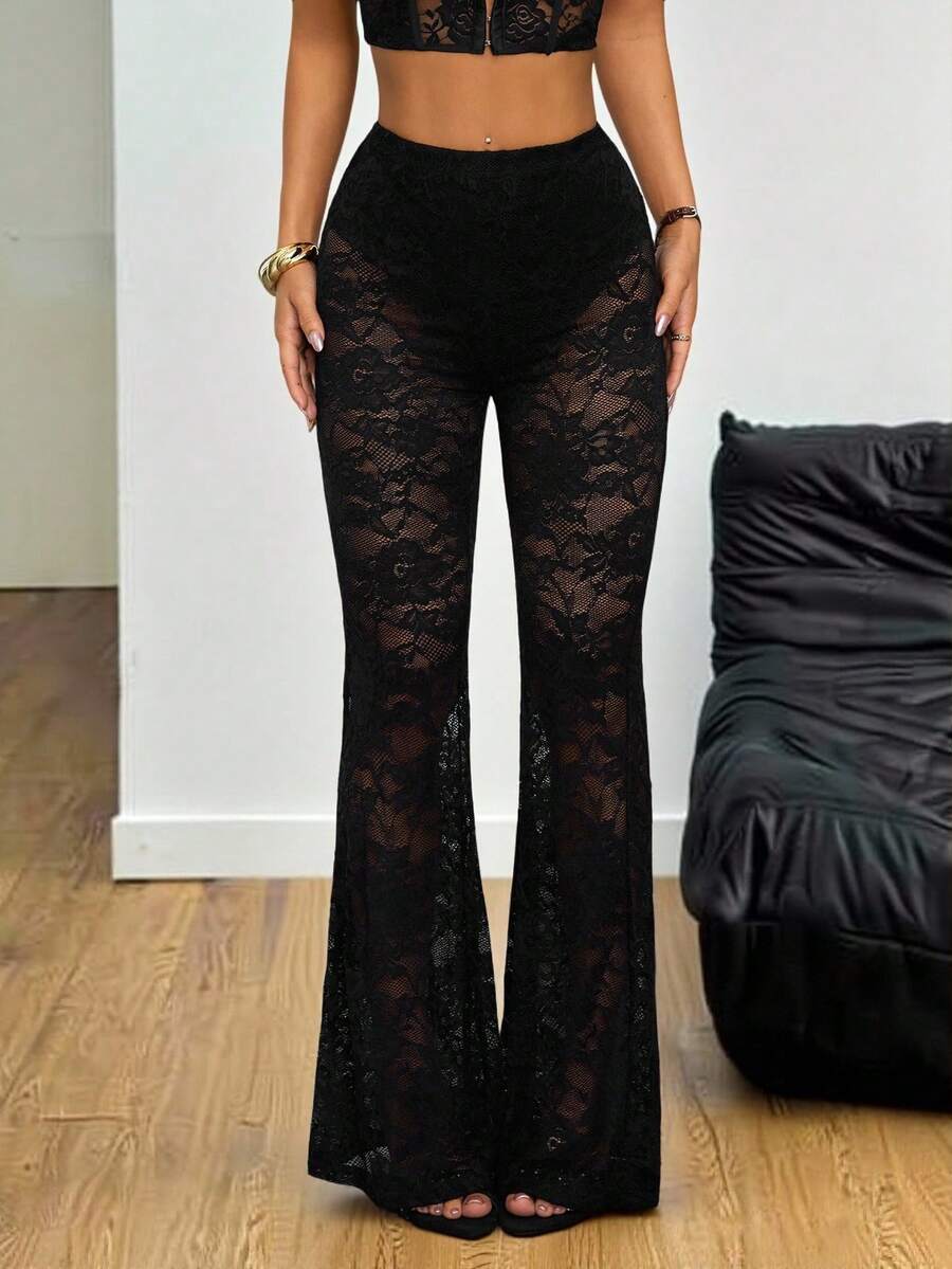 SHEIN PETITE Women's Spring Sexy Retro Lace Lined Flared Pants