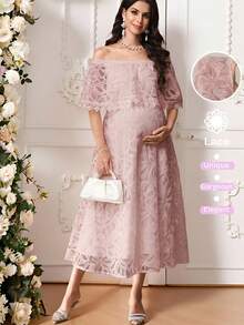 SHEIN 孕妇优雅露肩连衣裙 - 藕粉色 - 查看 1