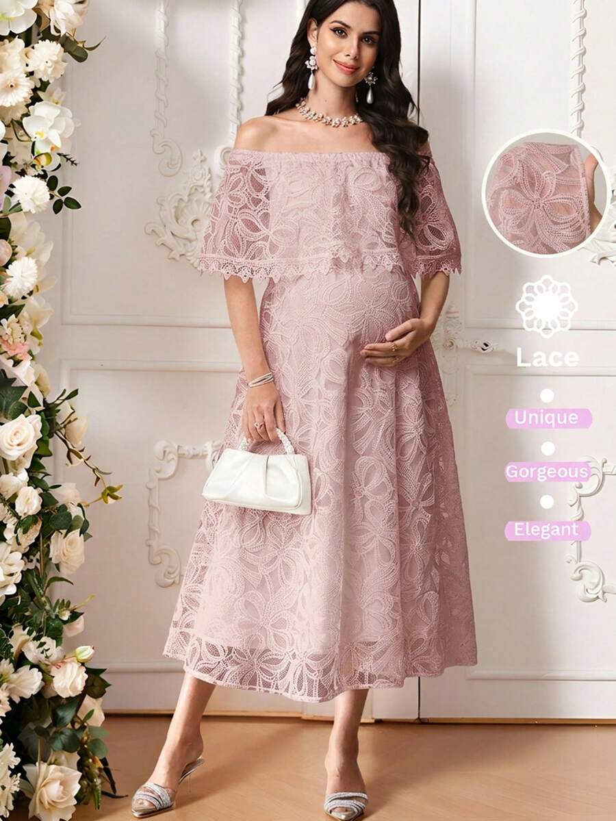 SHEIN 孕妇优雅露肩连衣裙 - 藕粉色 - 查看 1