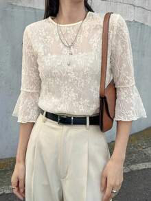 FRIFUL Women's Round Neck Lace Fabric Fitted Flare Sleeve Solid Color Casual T-Shirt Summer - Beige - View 7