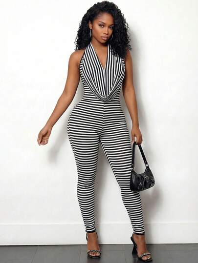 SHEIN BamGlam Salopetă sexy cu dungi, cu spate decoltat, pentru femei, de vară