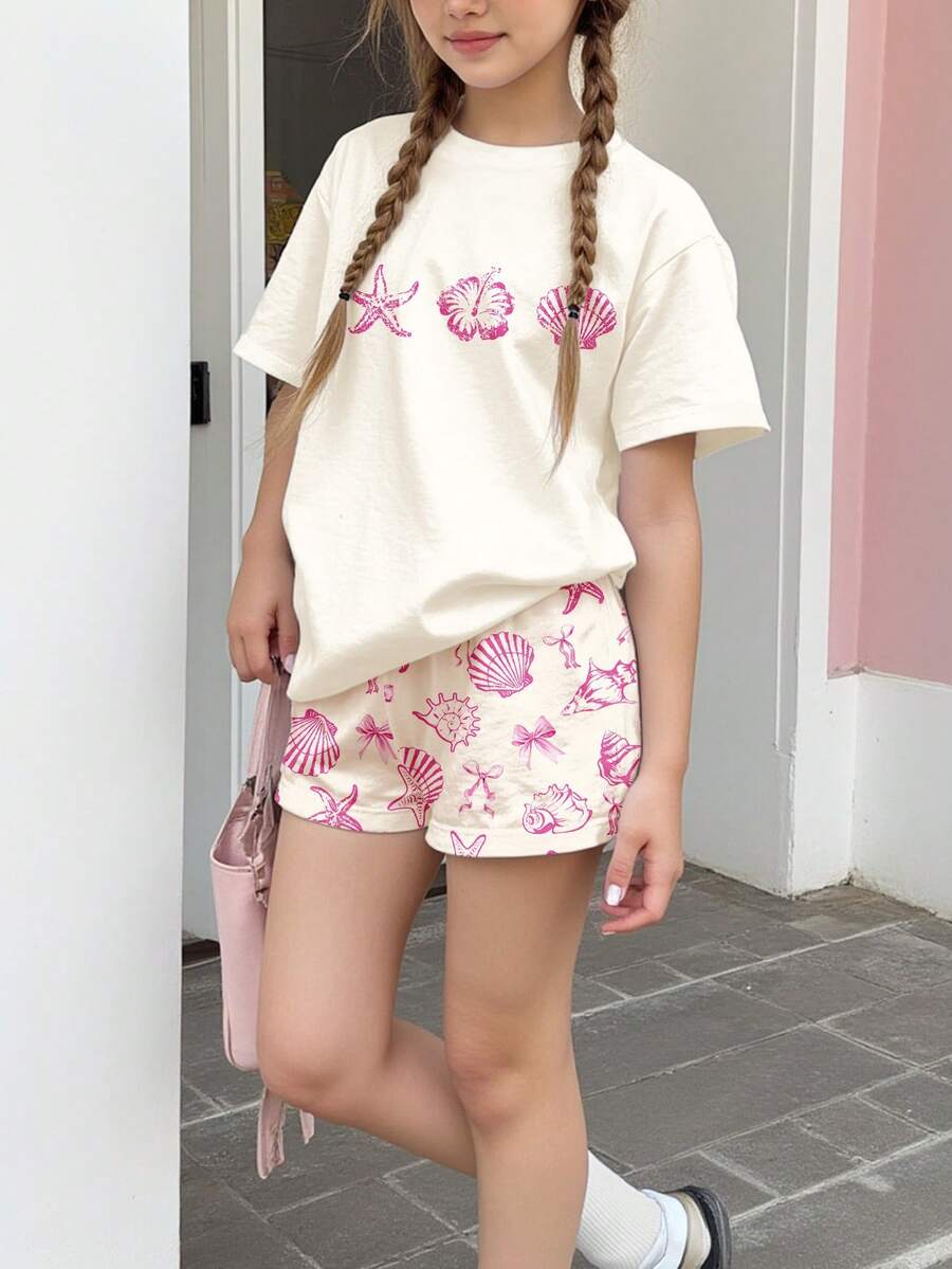 2pcs/Set Tween Girls' Casual Seashell, Starfish, Hibiscus, Bow Print Short Sleeve Round Neck T-Shirt And Shorts, Suitable For Spring/Summer Daily Wear, Street Style, Vacation, Homecoming, Back To School - Multicolor - View 1