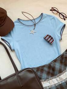 Comfortcana 2026新款时尚女装撞色滚边圆领短袖休闲百搭T恤，夏季上衣，春季户外休闲装，Y2K蓝色休闲上衣 - 藍色 - 查看 6