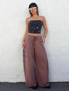 Muchica 棕色字母印花针织女式阔腿运动裤 - 棕色 - 查看 4