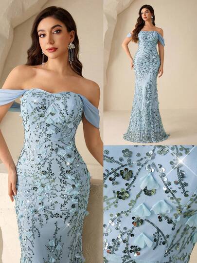 Coutiva Elegant Banquet Dress With Off-Shoulder, Beaded Floral Decor, High-End Glittering Fitted Long Dress Off Shoulder Formal Dress Baby Blue Elegant Dress Blue Flower Dress Dusty Blue Elegant Dress Summer Elegant Dress Dusty Blue Formal Dress Blue Formal Evening Gown Floral Embroidered Gown Sequin Detail Dress Sky Blue Formal Dress Floral Formal Dress Dusty Blue Dress For Wedding