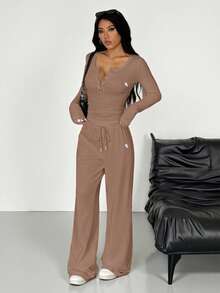SHEIN EZwear 咖啡棕色针织上衣和裤子女士休闲日常装 - 咖啡棕 - 查看 4