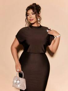 Cravure Plus Size Women Solid Color Stand Collar Elegant Waist Cinched Party Dress - Brown - View 6