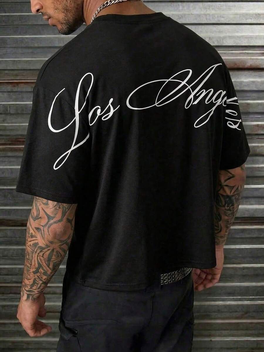 AXEPEAK Men's Round Neck Letter Print Casual Versatile Daily Wear Short Sleeve T-Shirt Men's Cropped Tee Men's Drop Shoulder Tee Los Angeles T Shirt Men's Oversized Crop Printed - Black - View 1