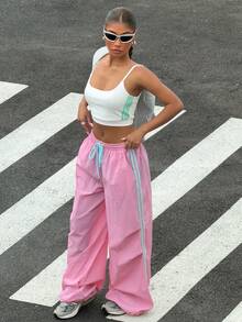 Muchica Casual Sports Colorblock Striped Wide Leg Pants - Pink - View 5