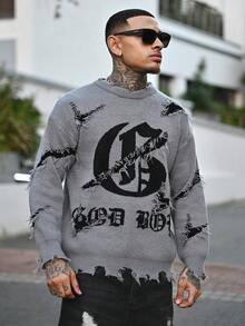 Devon Thys Suéter holgado de cuello redondo con mangas raglán, estilo casual de calle gótico, con patrón de letras intarsia, unisex, para otoño/invierno, de la marca ANDREILEE - Gris - Ver 6