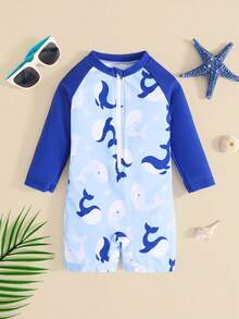 SHEIN 男婴鲸鱼印花泳衣，休闲涤纶连体泳衣，适合夏季、海滩和游泳 - 藍色 - 查看 7